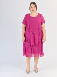 Abito midi ciliegio, design a livelli e maniche scollate, ideale per eventi speciali