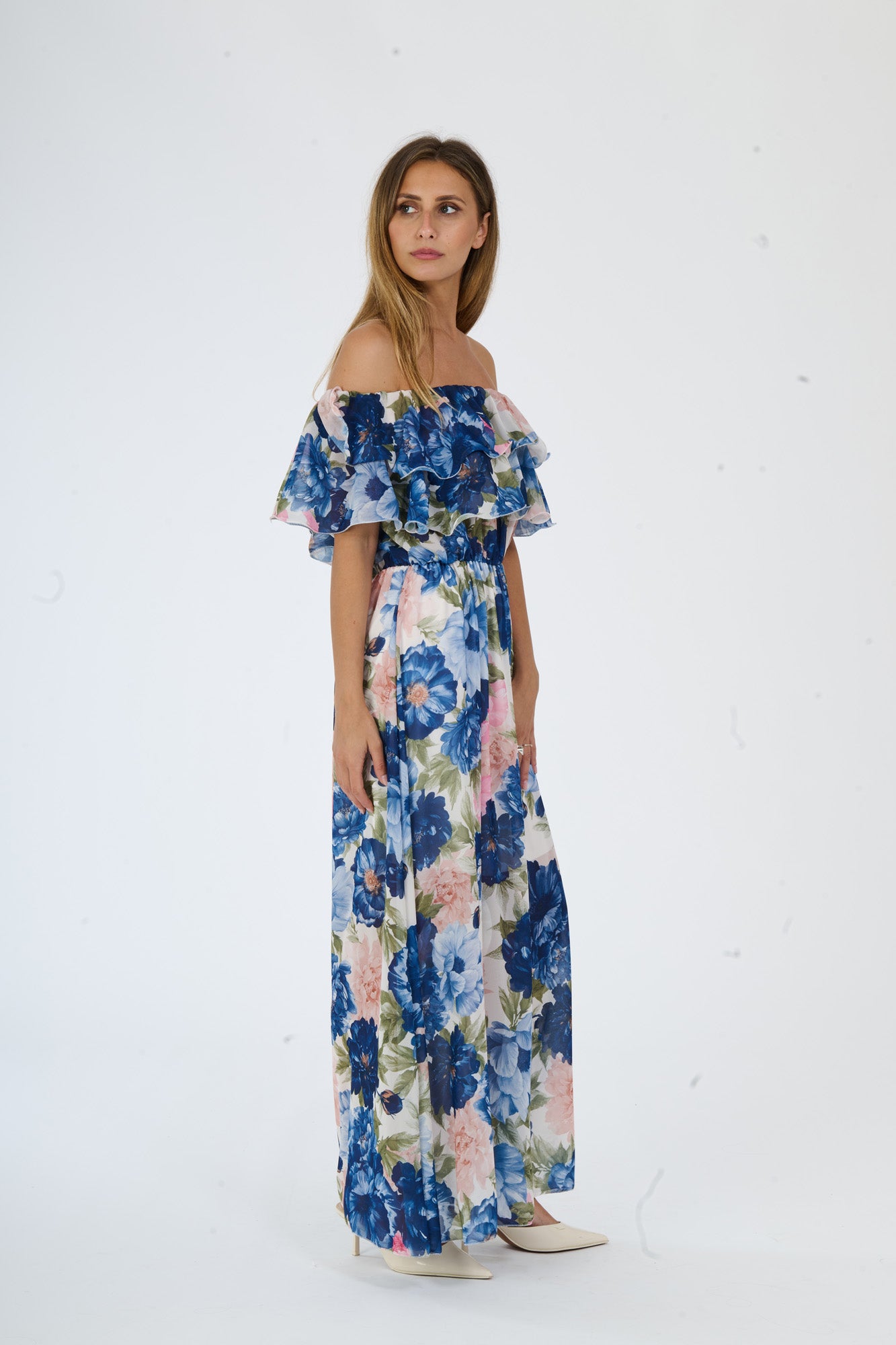 Abito navy in tessuto opaco con stampa floreale, spalline a bardot e ruches, pe