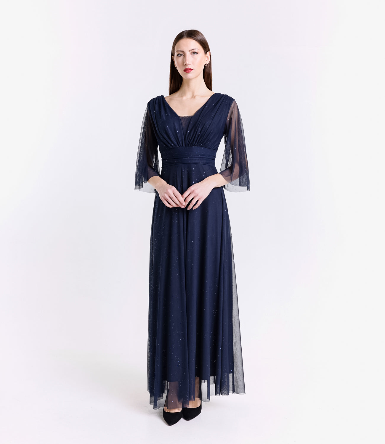 Abito navy stiloso in tessuto leggero, perfetto per eventi formali