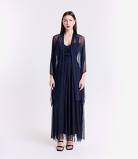 Abito navy trasparente, maxi dress, atmosfera sofisticata