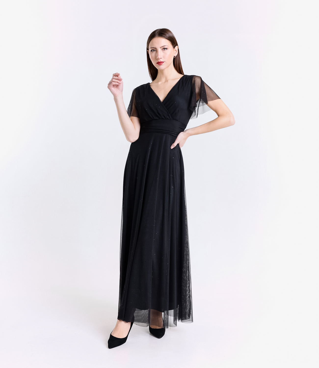 Abito nero con maniche corte, stile elegante e intenso