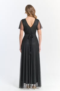 Abito nero laccio vita, tulle trasparente, design elegante, per occasioni formali