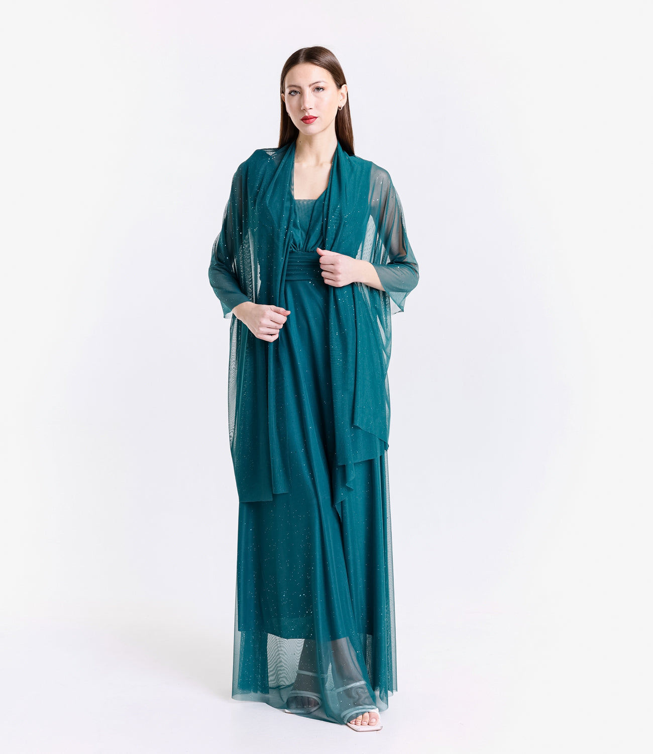 Abito ottanio con drappeggi, ideale per eventi esclusivi