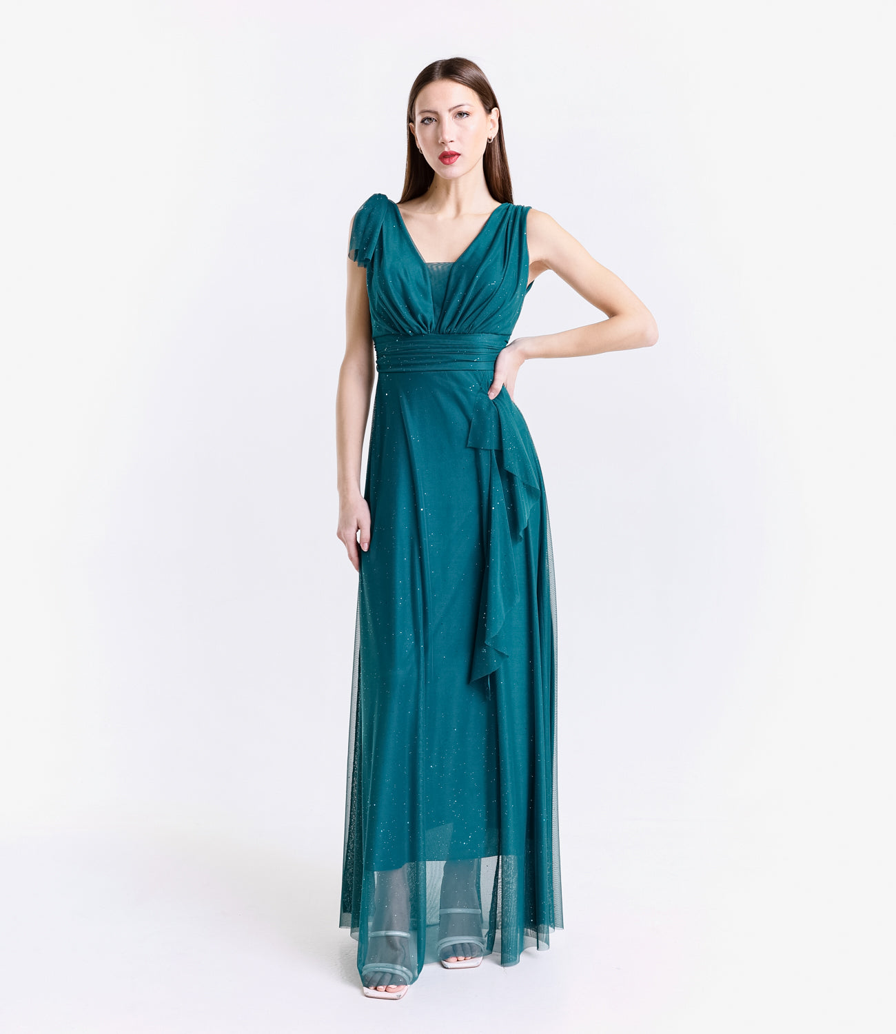 Abito ottanio da cerimonia, modello senza spalline luminoso