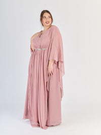 Abito plus size Rosa Antico, gonna ampia, dettaglio di fascia al vita
