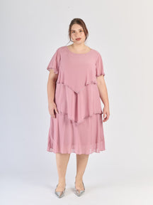 Abito rosa antico a tre strati in chiffon, maniche trasparenti e romanticismo vintage
