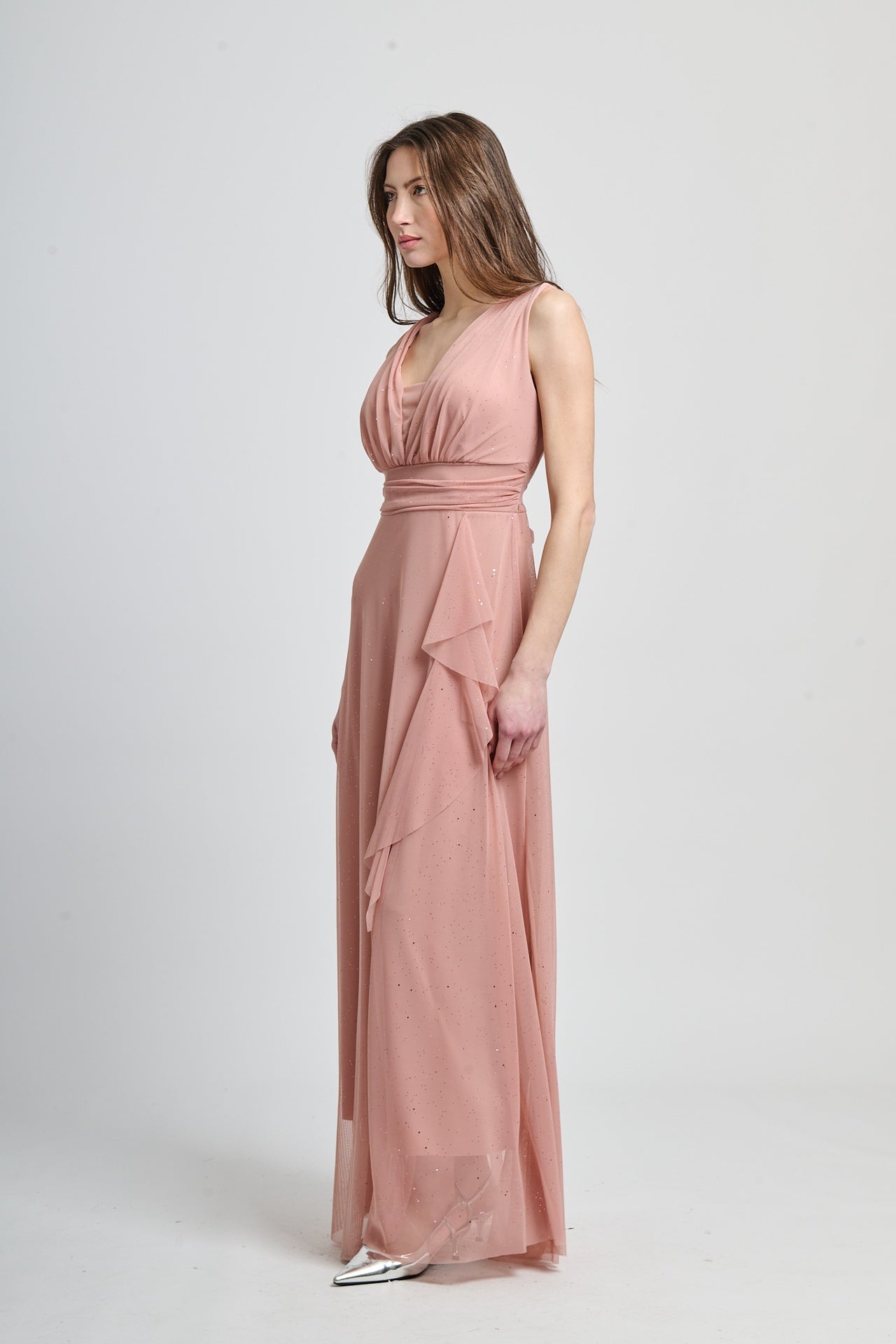 Abito rosa antico con fascia in vita, ideale per cerimonie