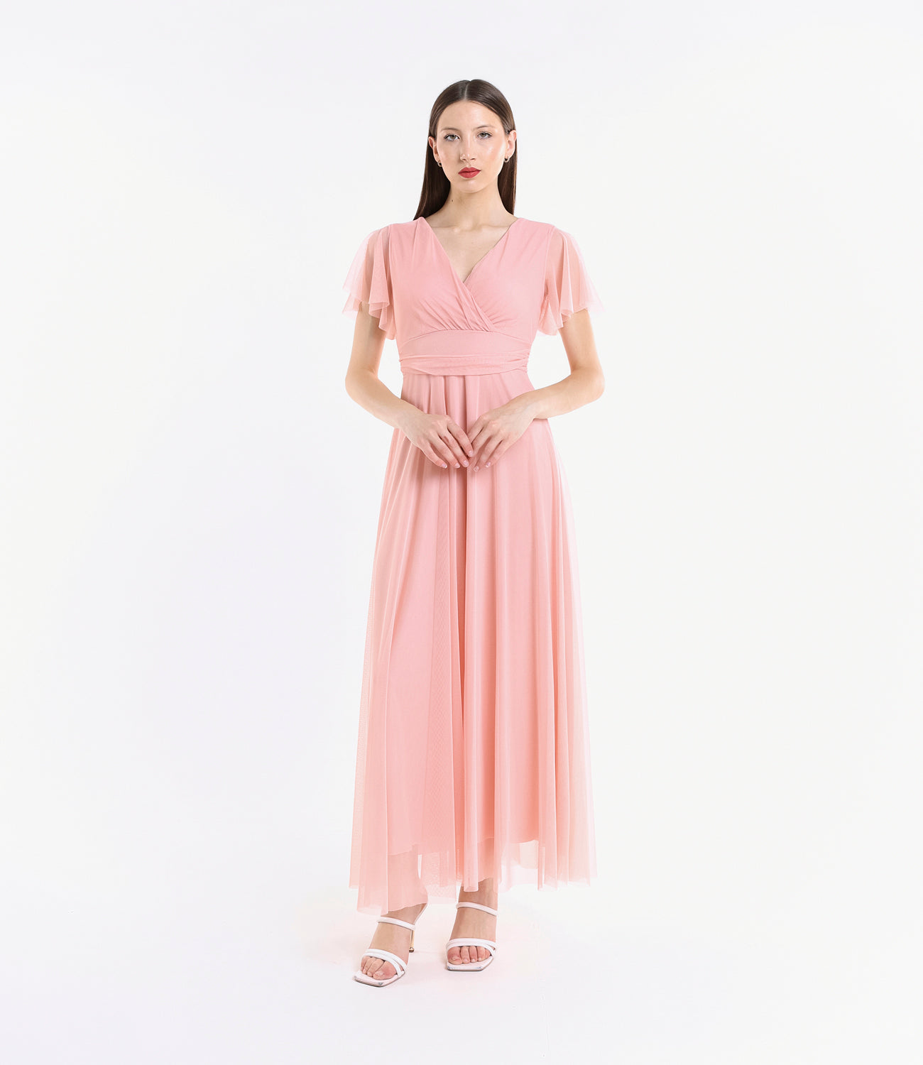 Abito rosa in tulle, scollo a V, maniche chiffon, stile tenero