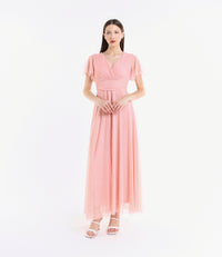 Abito rosa in tulle, scollo a V, maniche chiffon, stile tenero