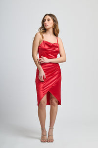 Abito rosso sexy, spalline sottili, taglio slittato, per occasioni speciali