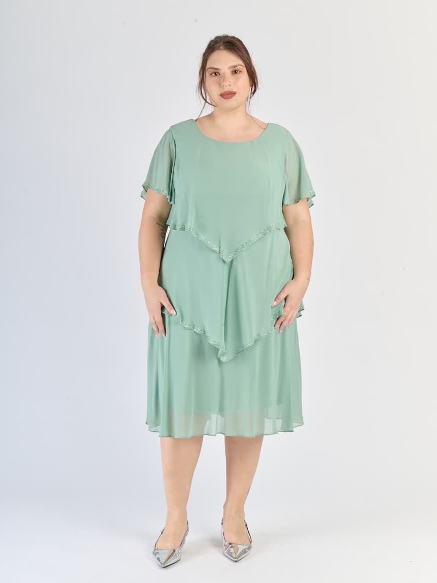 Abito salvia a tre strati in chiffon, maniche trasparenti e freschezzaverde