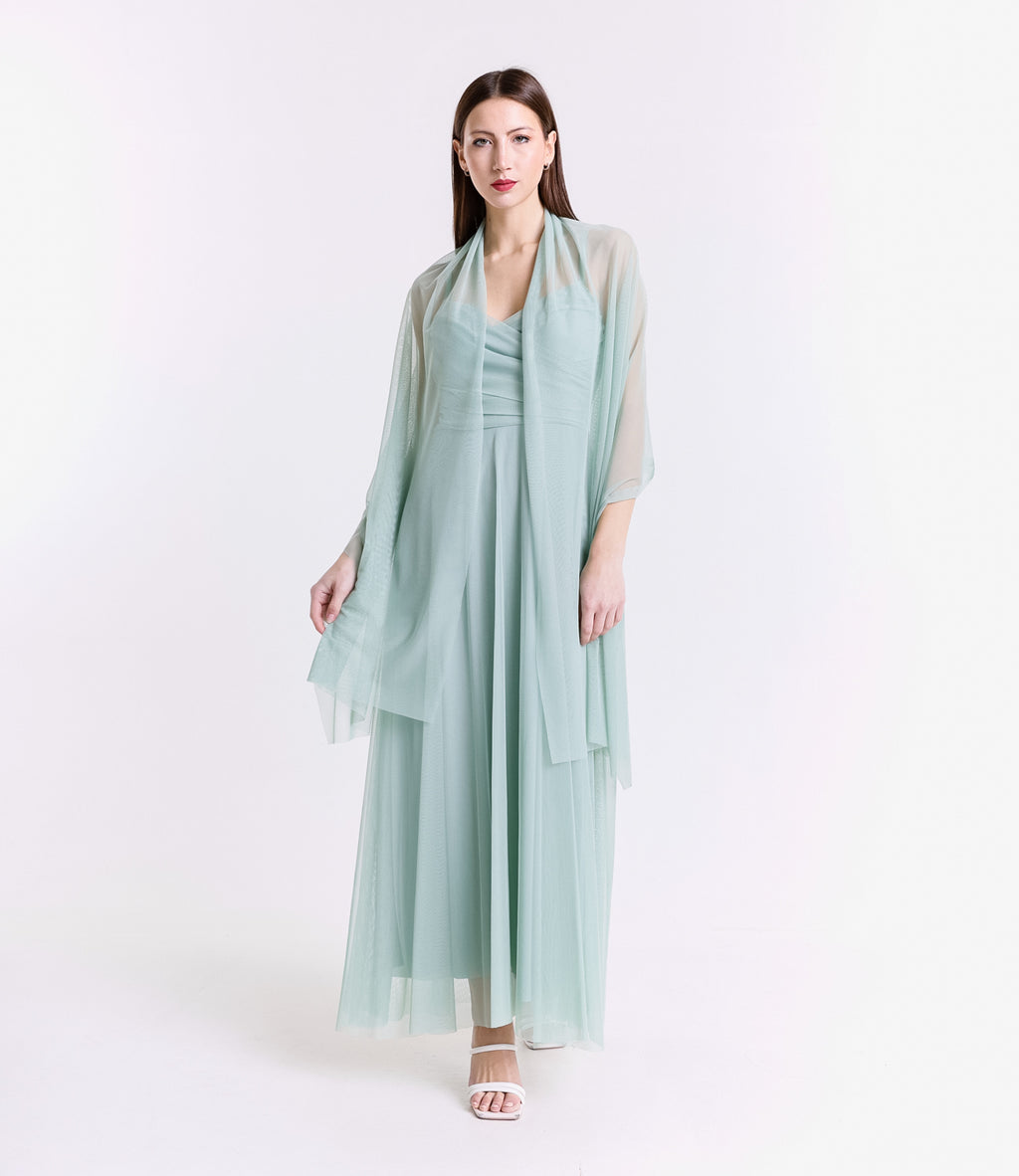 Abito salvia trasparente, maxi dress, atmosfera rinfrescante