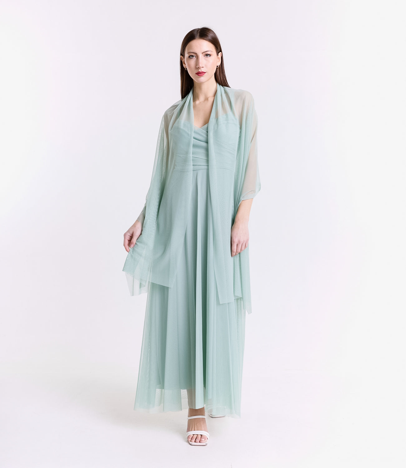 Abito salvia trasparente, maxi dress, atmosfera rinfrescante