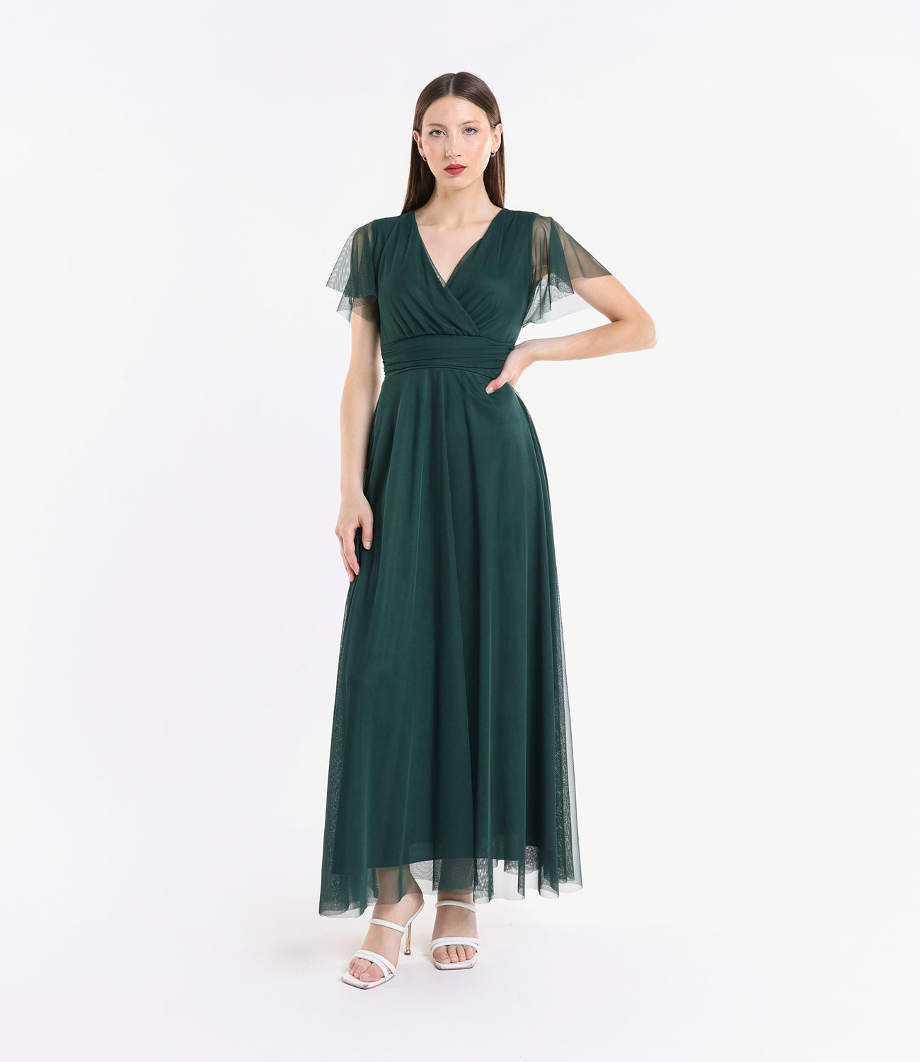 Abito verde.S in tulle, scollo a V, maniche chiffon, stile rinfrescante
