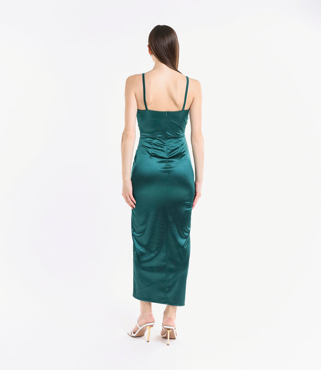 Abito verde.S satinato, spalline sottili, taglio slittato, colore