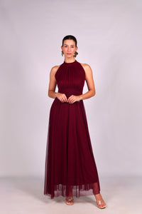 Abito vino da donna, collo alto a imbarcatura, gonna lunga, foulard in tulle, stile elegante e con un tocco di lusso.