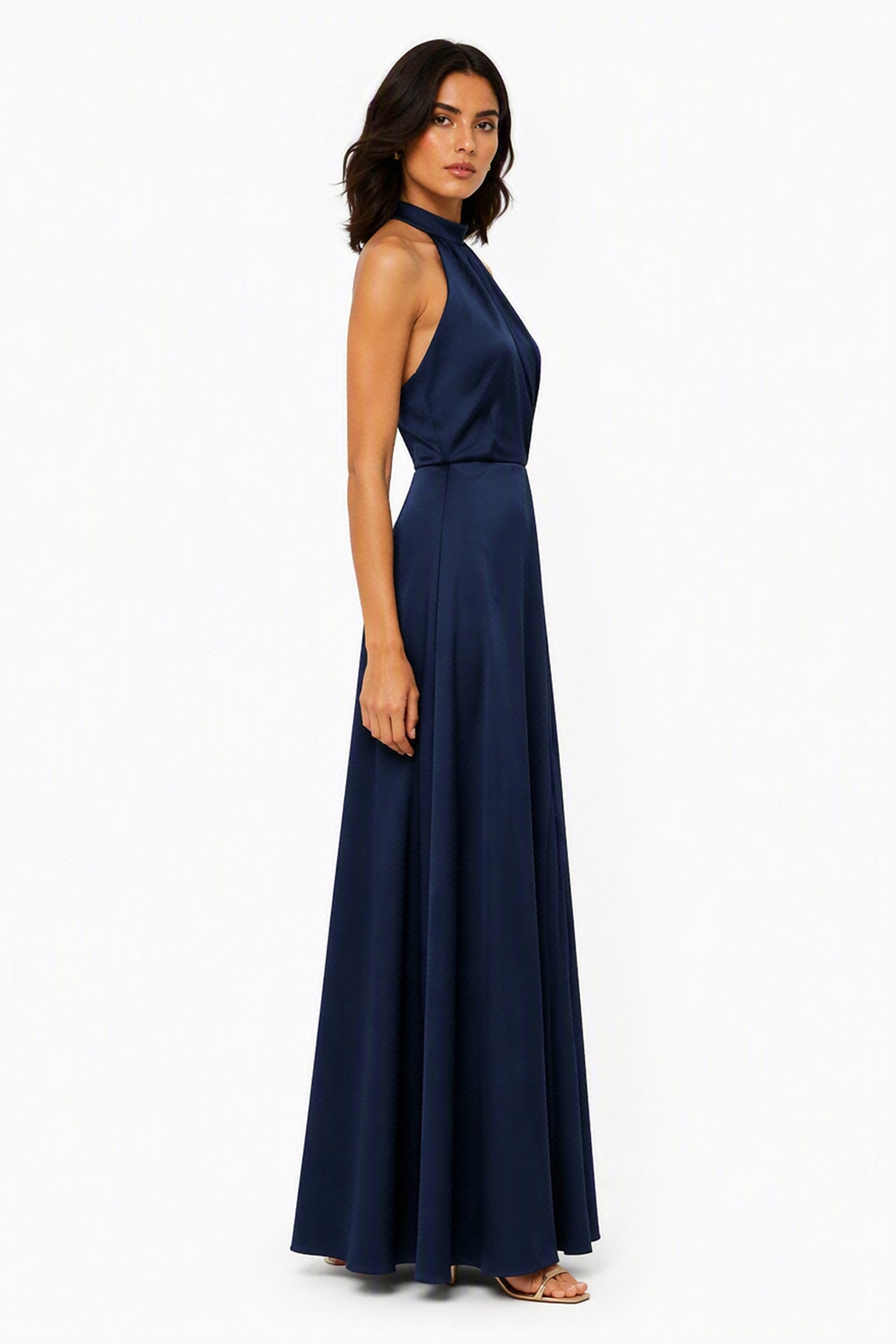 Abito lungo elegante con scollo a collo alto, senza maniche, in raso fluido, per cerimonie e occasioni speciali -1