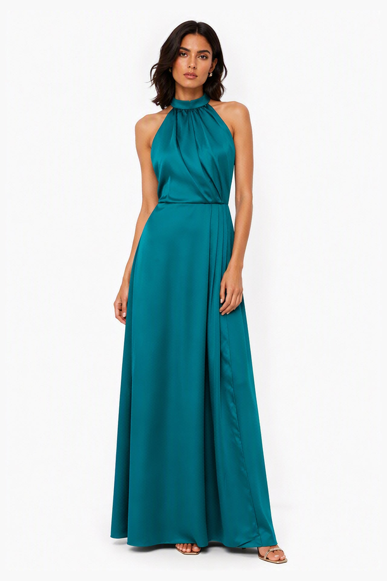 Abito lungo elegante con scollo a collo alto, senza maniche, in raso fluido, per cerimonie e occasioni speciali -2