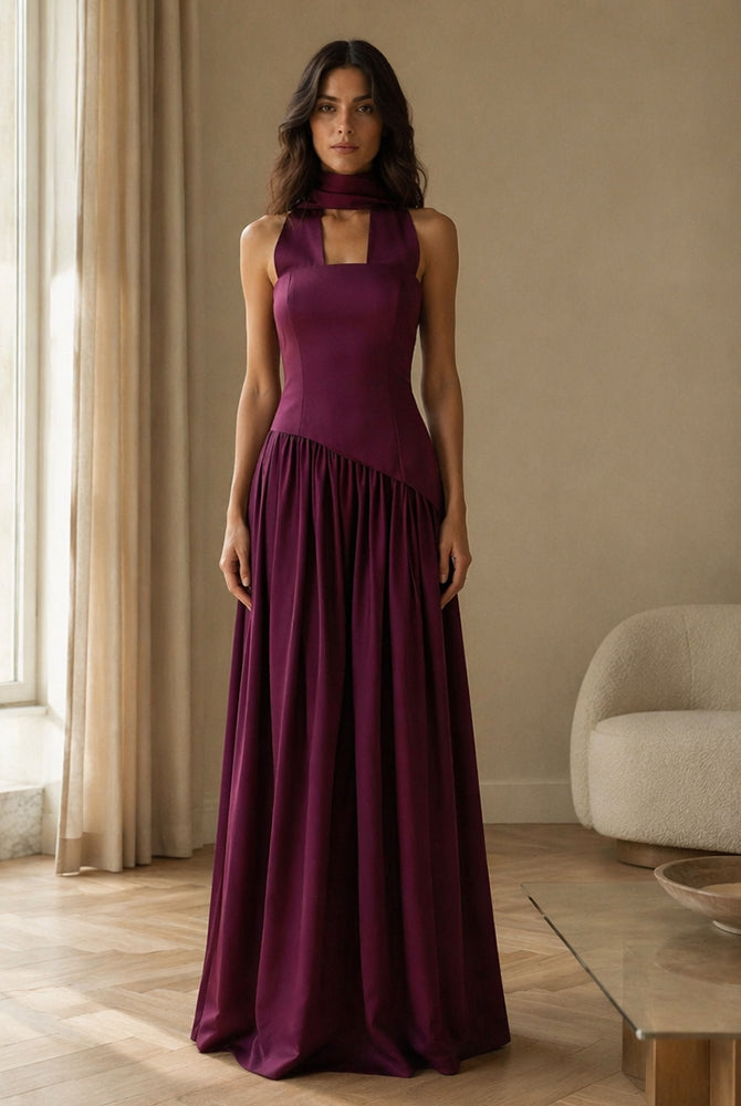 Abito lungo elegante con scollo a collo alto a fiocco, design bicolore con top asimmetrico e gonna fluida