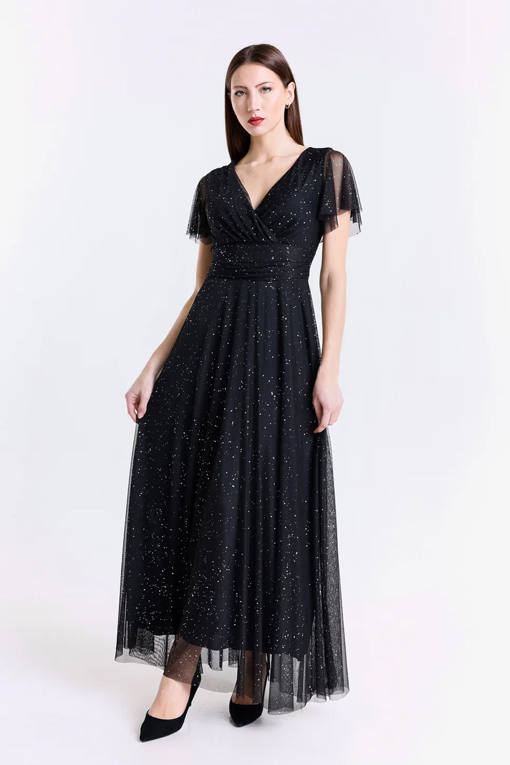 Abito lungo in tulle a mezza manica Azzurra -1
