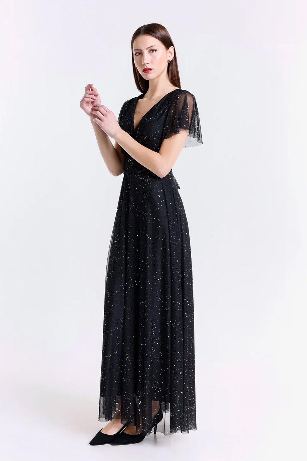 Abito lungo in tulle a mezza manica Azzurra -1