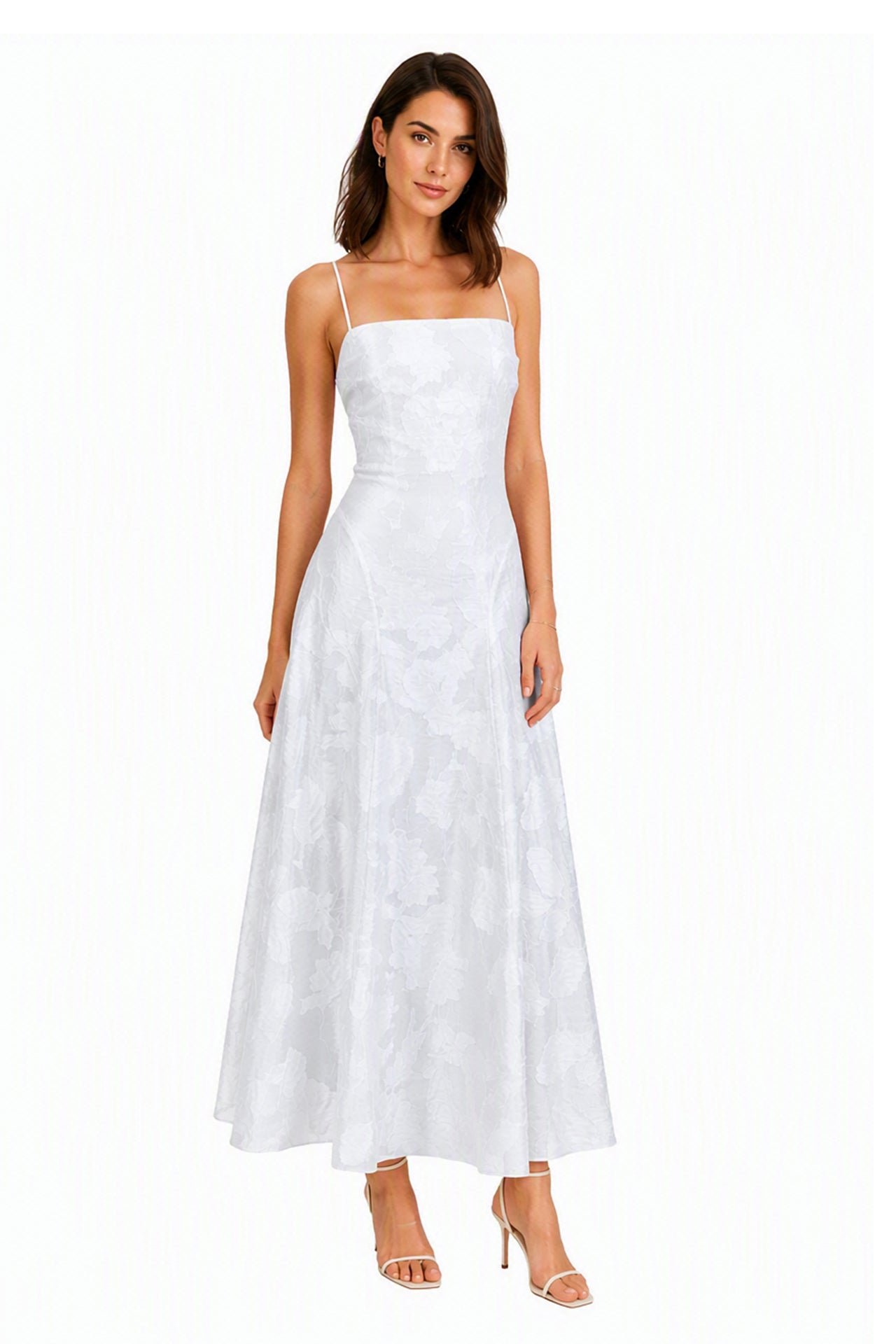 Abito midi elegante a spalline sottili con scollo a fascia, tessuto jacquard floreale e dettaglio a croce sul retro -3