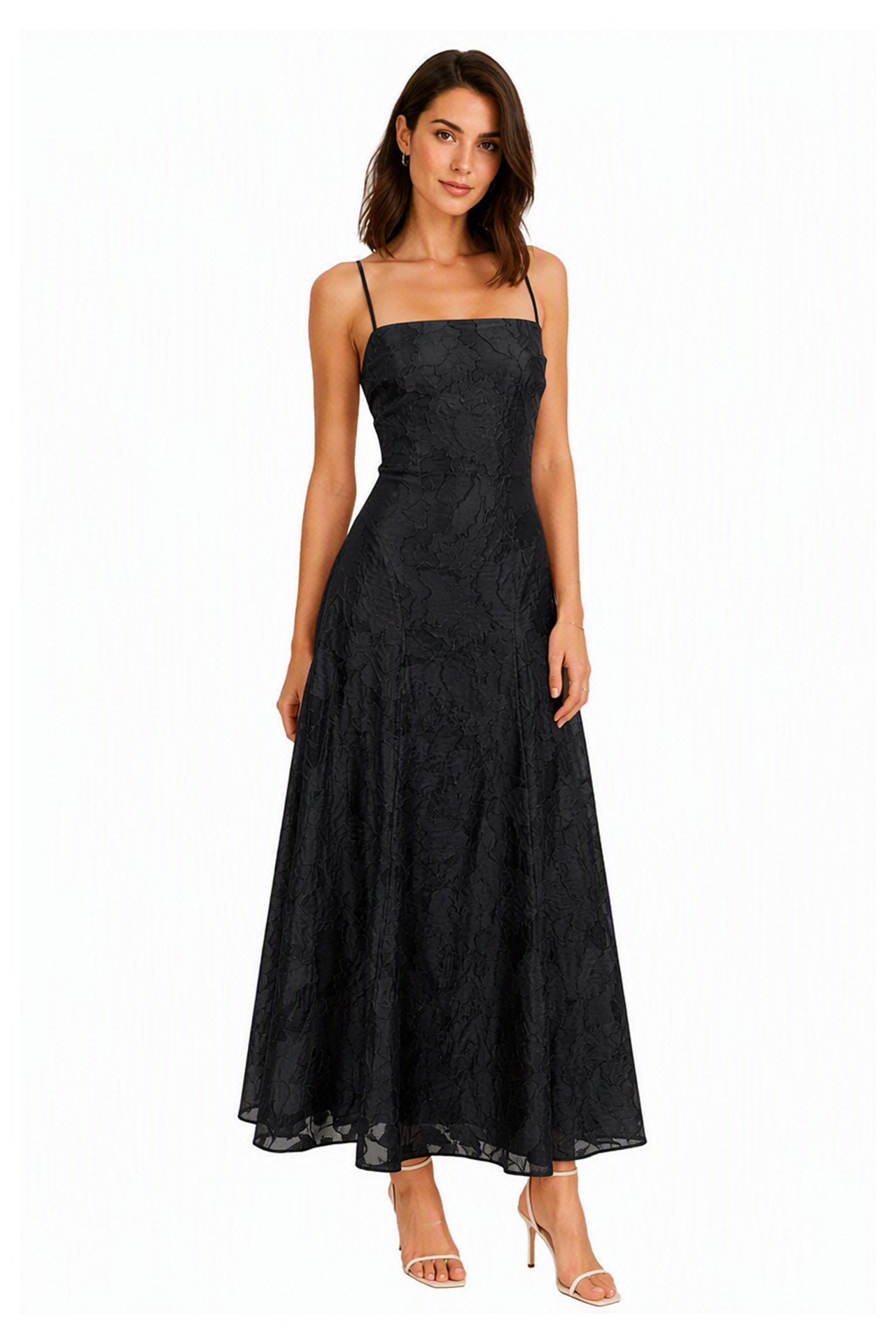 Abito midi elegante a spalline sottili con scollo a fascia, tessuto jacquard floreale e dettaglio a croce sul retro -4