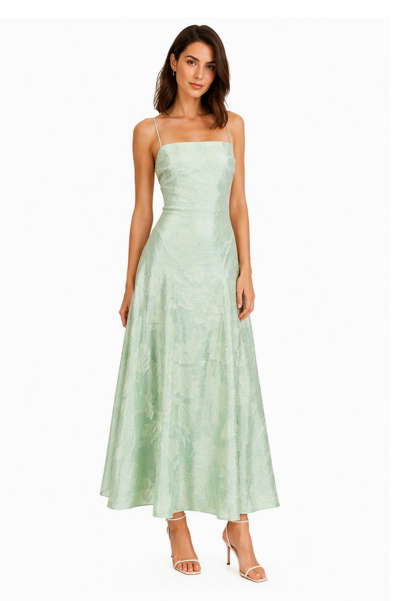 Abito midi elegante a spalline sottili con scollo a fascia, tessuto jacquard floreale e dettaglio a croce sul retro -6