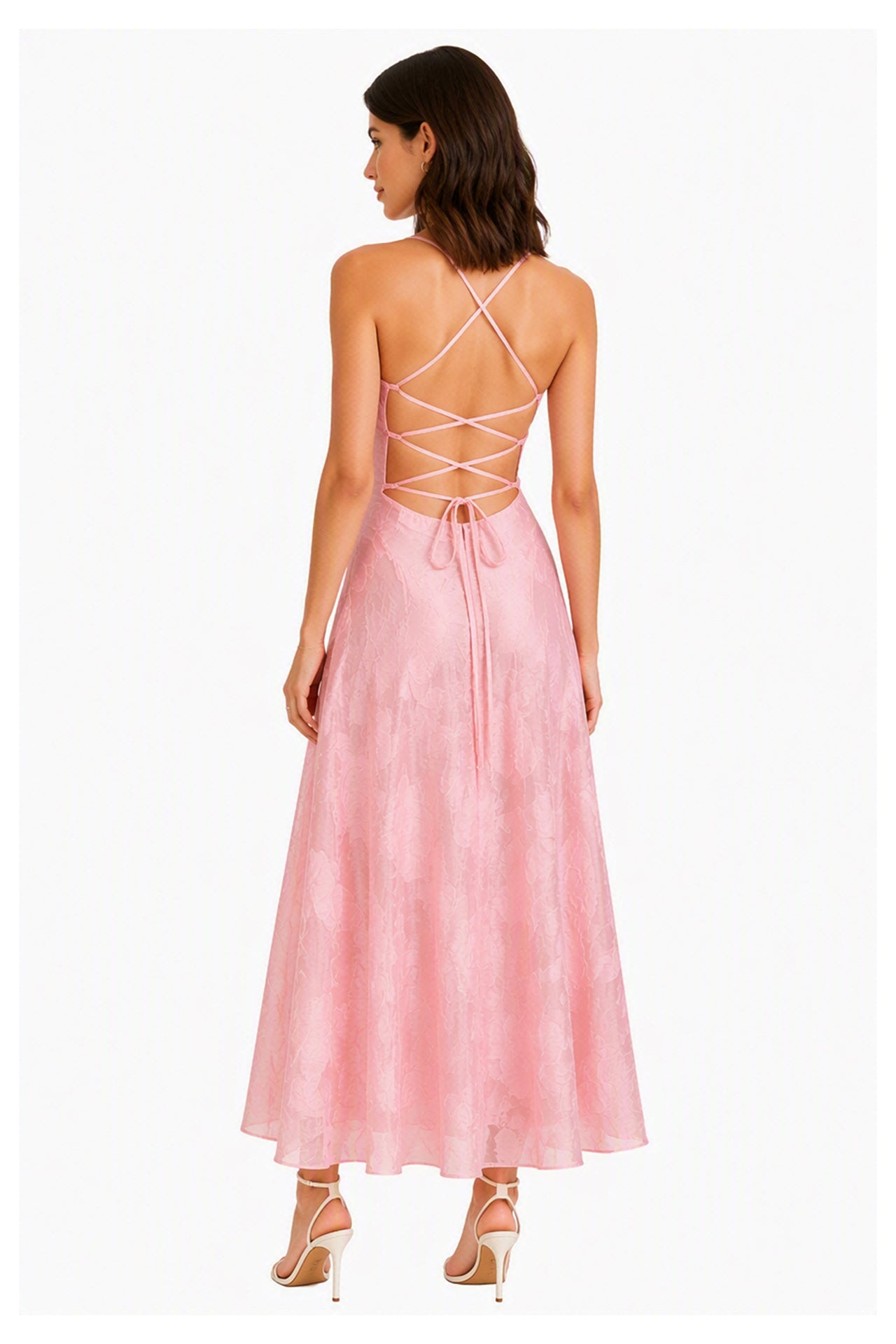 Abito midi elegante a spalline sottili con scollo a fascia, tessuto jacquard floreale e dettaglio a croce sul retro -1