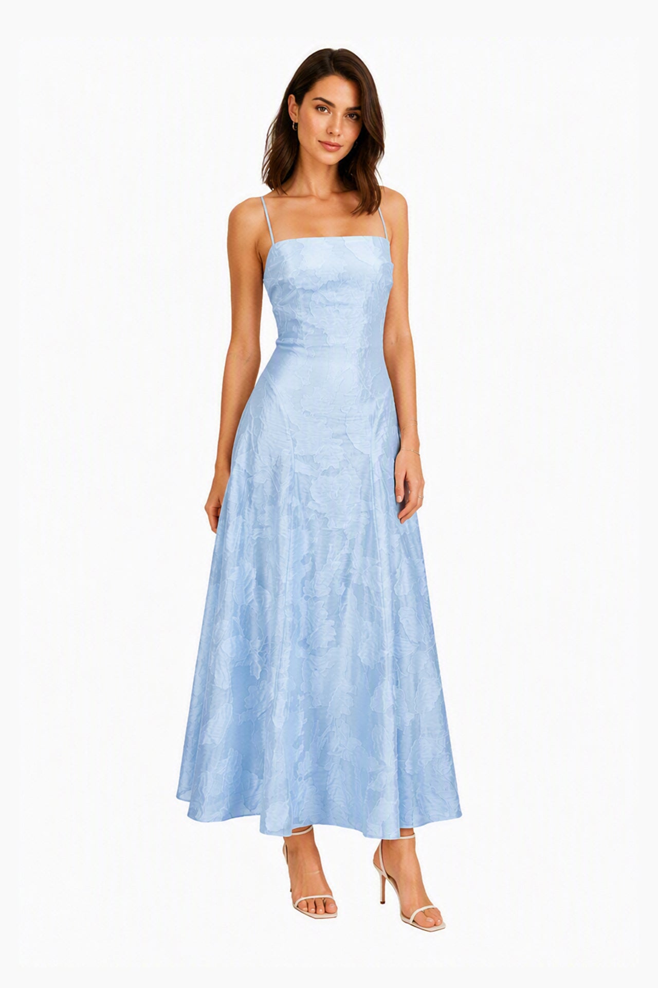 Abito midi elegante a spalline sottili con scollo a fascia, tessuto jacquard floreale e dettaglio a croce sul retro -2