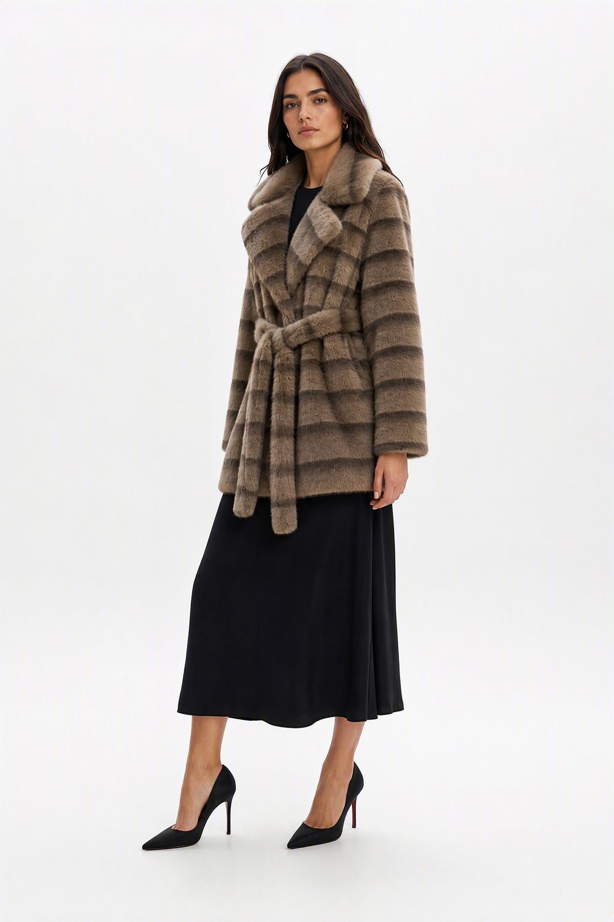Cappotto medio donna in pelliccia sintetica, ampio collo a rever con cintura regolabile Camello-2