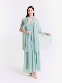 Completo abito lungo salvia in tulle con mantello trasparente, freschezzaverde tenue