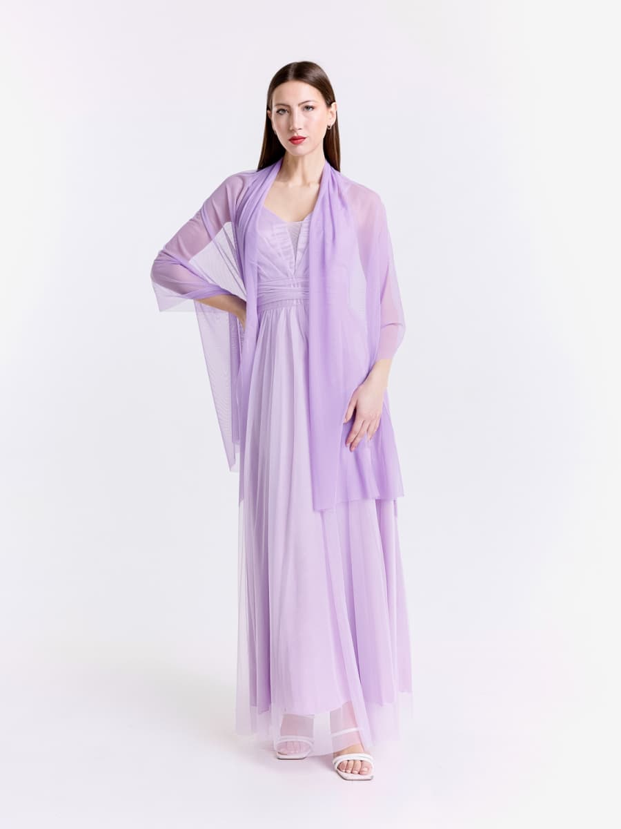 Completo abito lungo lilla in tulle con mantello trasparente, dolcezza viola