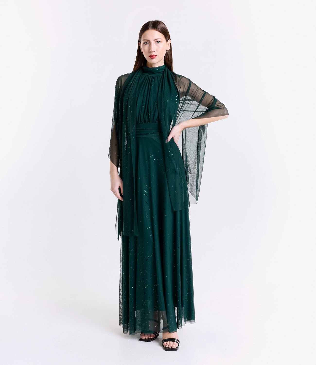 Completo abito lungo verde.S in tulle con mantello trasparente, energiaverde