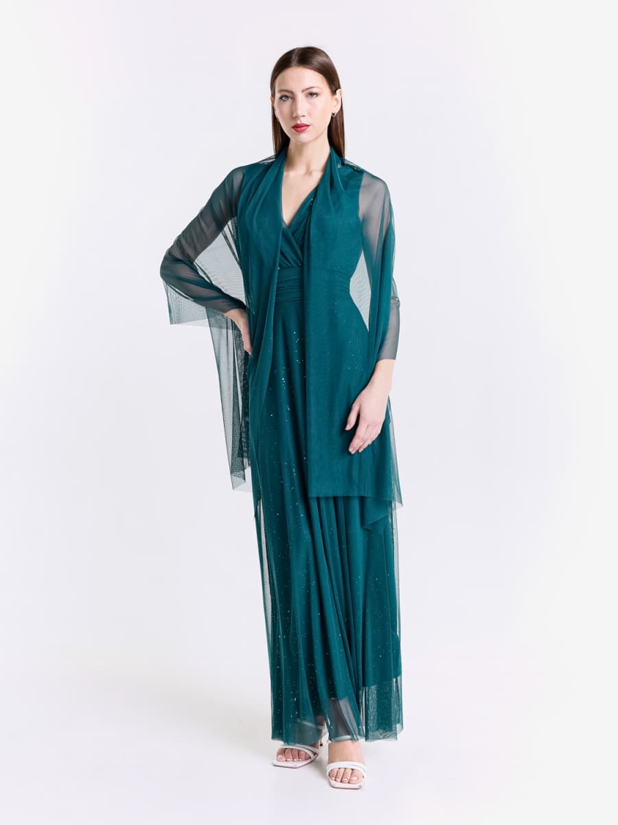 Completo abito lungo ottanio in tulle con mantello trasparente, bagliore rame