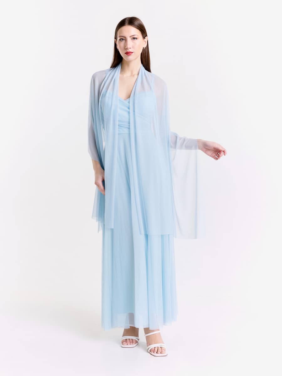 Completo abito lungo azzuro in tulle con mantello trasparente, eleganza celeste