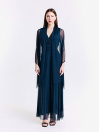 Completo abito lungo navy in tulle con mantello trasparente, eleganza nautica