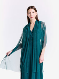 Completo da cerimonia ottanio, chiffon leggero per abito e coprispalle