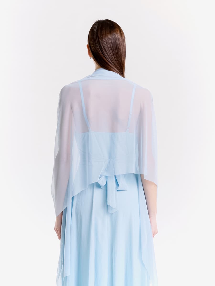 Completo da cerimonia azzuro, tulle traslucido per abito e coprispalle