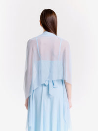 Completo da cerimonia azzuro, tulle traslucido per abito e coprispalle