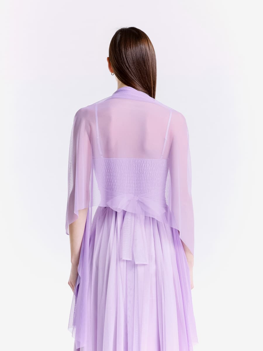 Completo da cerimonia lilla, tulle traslucido per abito e coprispalle