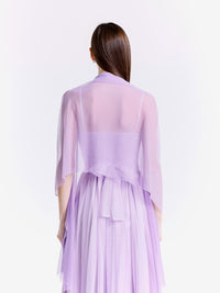 Completo da cerimonia lilla, tulle traslucido per abito e coprispalle