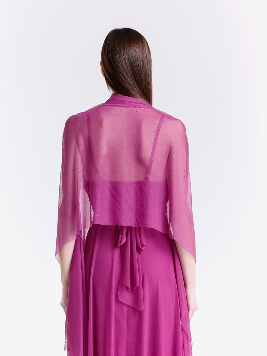 Completo da evento ciliegio, tulle traslucido per abito e coprispalle