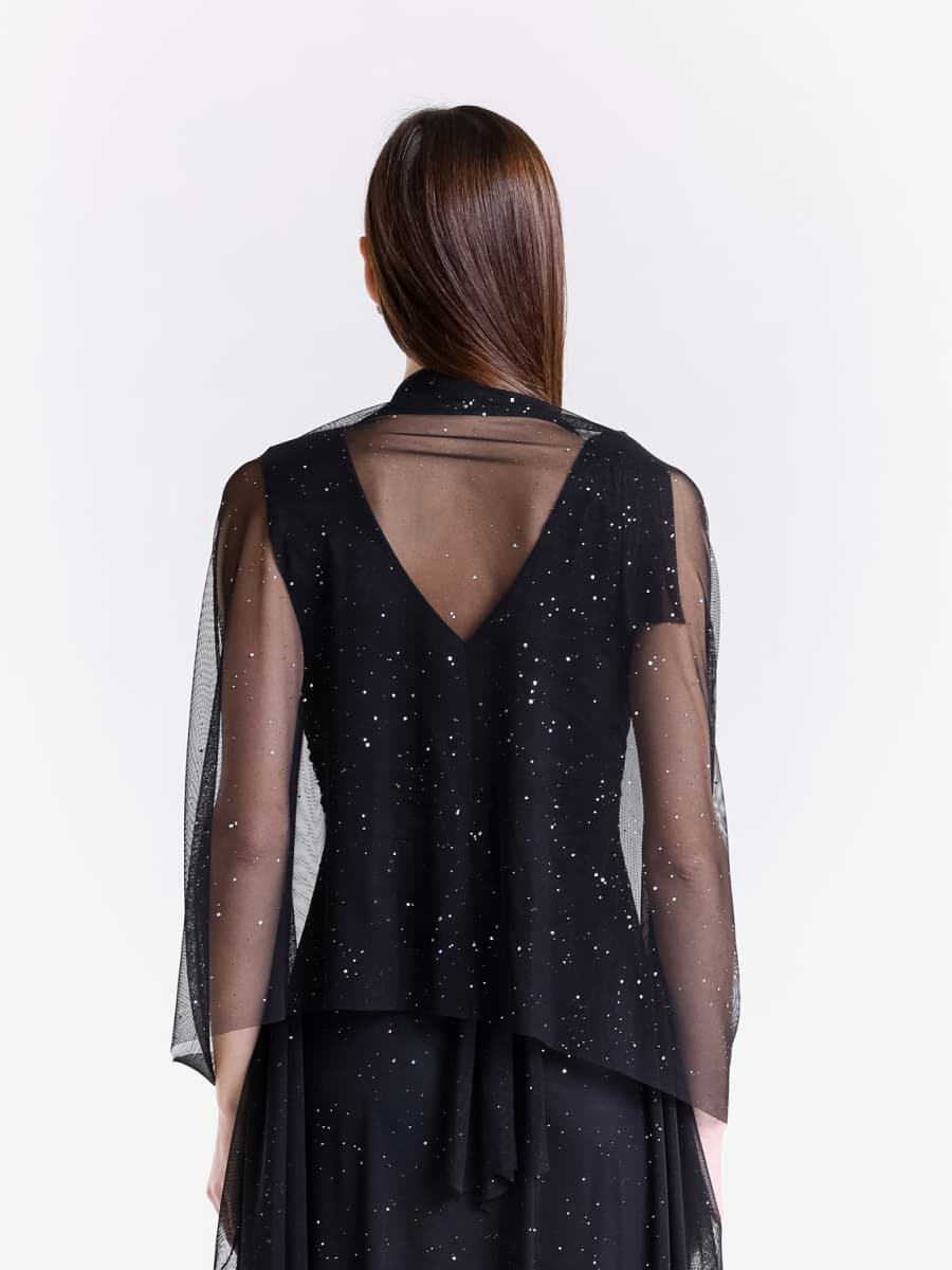 Completo da sera nero, chiffon leggero per abito e coprispalle