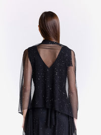 Completo da sera nero, chiffon leggero per abito e coprispalle