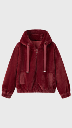 Giacca con cappuccio in peluche sintetica con zip e coulisse