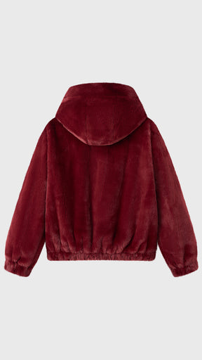Giacca con cappuccio in peluche sintetica con zip e coulisse