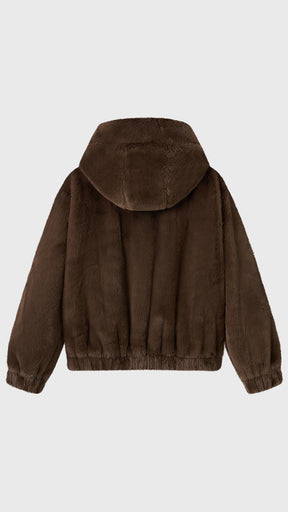 Giacca con cappuccio in peluche sintetica con zip e coulisse
