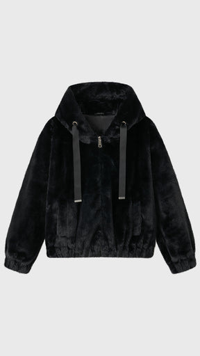Giacca con cappuccio in peluche sintetica con zip e coulisse