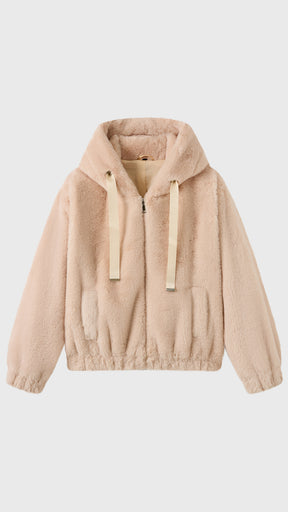 Giacca con cappuccio in peluche sintetica con zip e coulisse